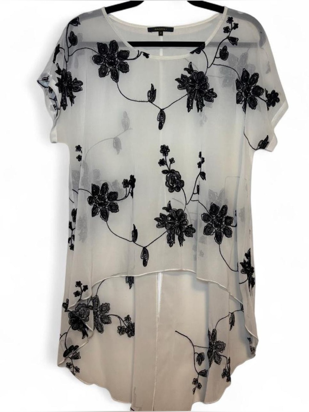 Radzoli White Sheer Blouse with Black Floral Embroidery